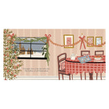 A cozy holiday illustration from an open book features a Christmas tree, a snowy town window, and a set dining table.