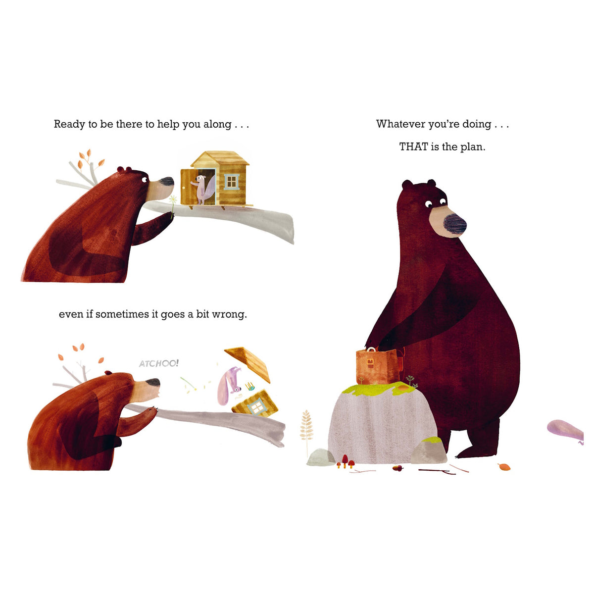 Bear and squirrel character illustrations with story book text from I'm Sticking with You children's book.