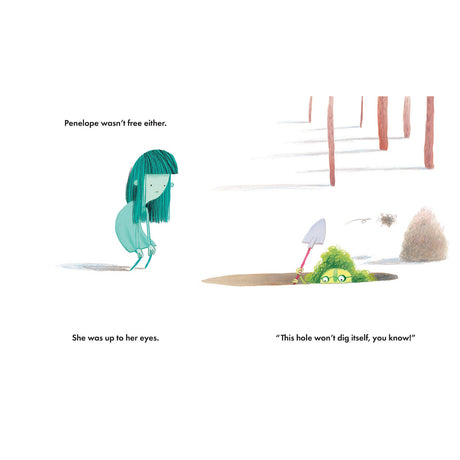 Illustration of a girl watching a green-haired character dig a hole, featuring minimalist art and storybook text.