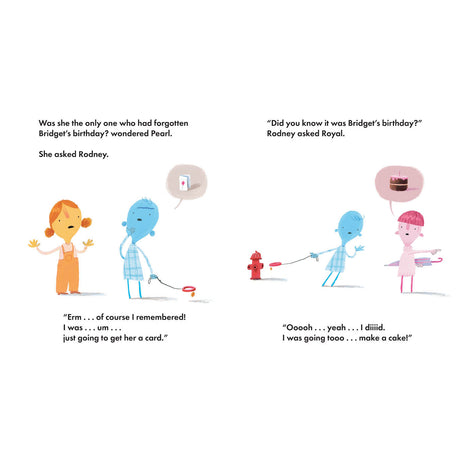 Illustration of characters from "I'm Very Busy" discussing a birthday, featuring a dog on a leash and speech bubbles.