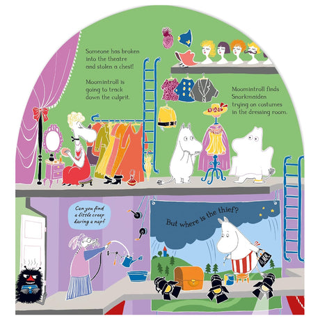 Moomin storybook page showing characters backstage in a theatre with costumes and props.