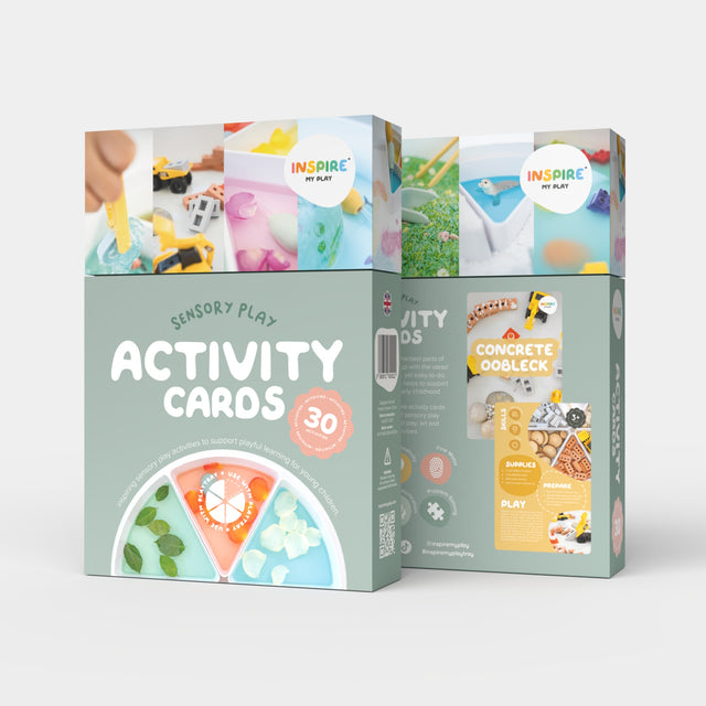 Box of "Sensory Play Activity Cards" with vibrant images of toys and colorful activities, promoting playful learning for young children.