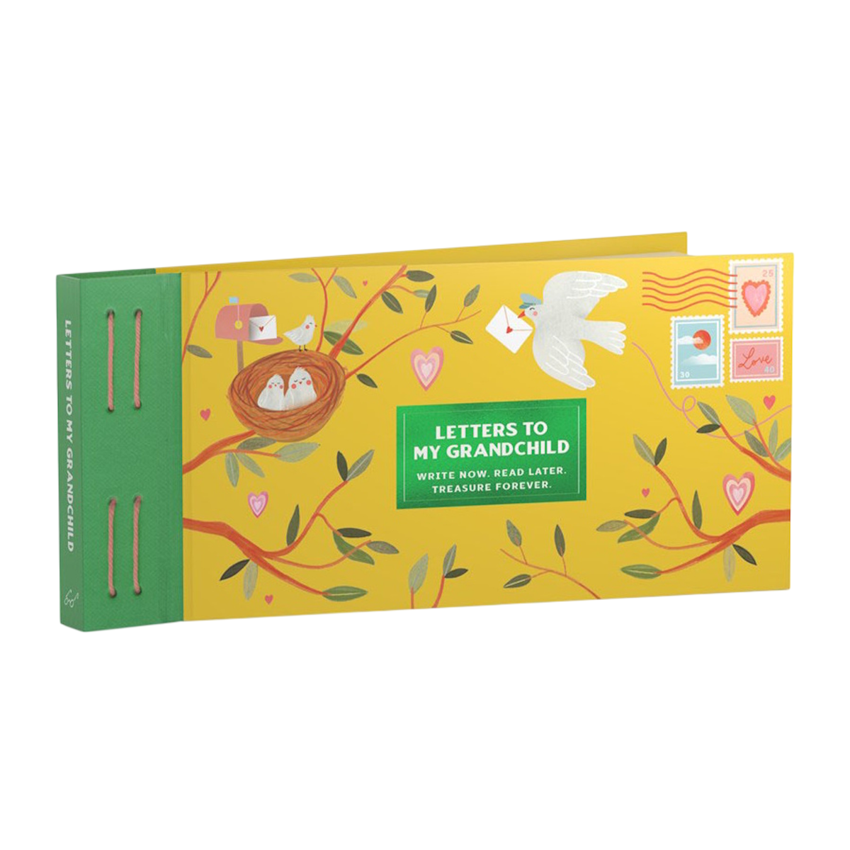 Yellow keepsake book "Letters to My Grandchild" featuring a green spine, bird nest, and carrier pigeon illustrations.