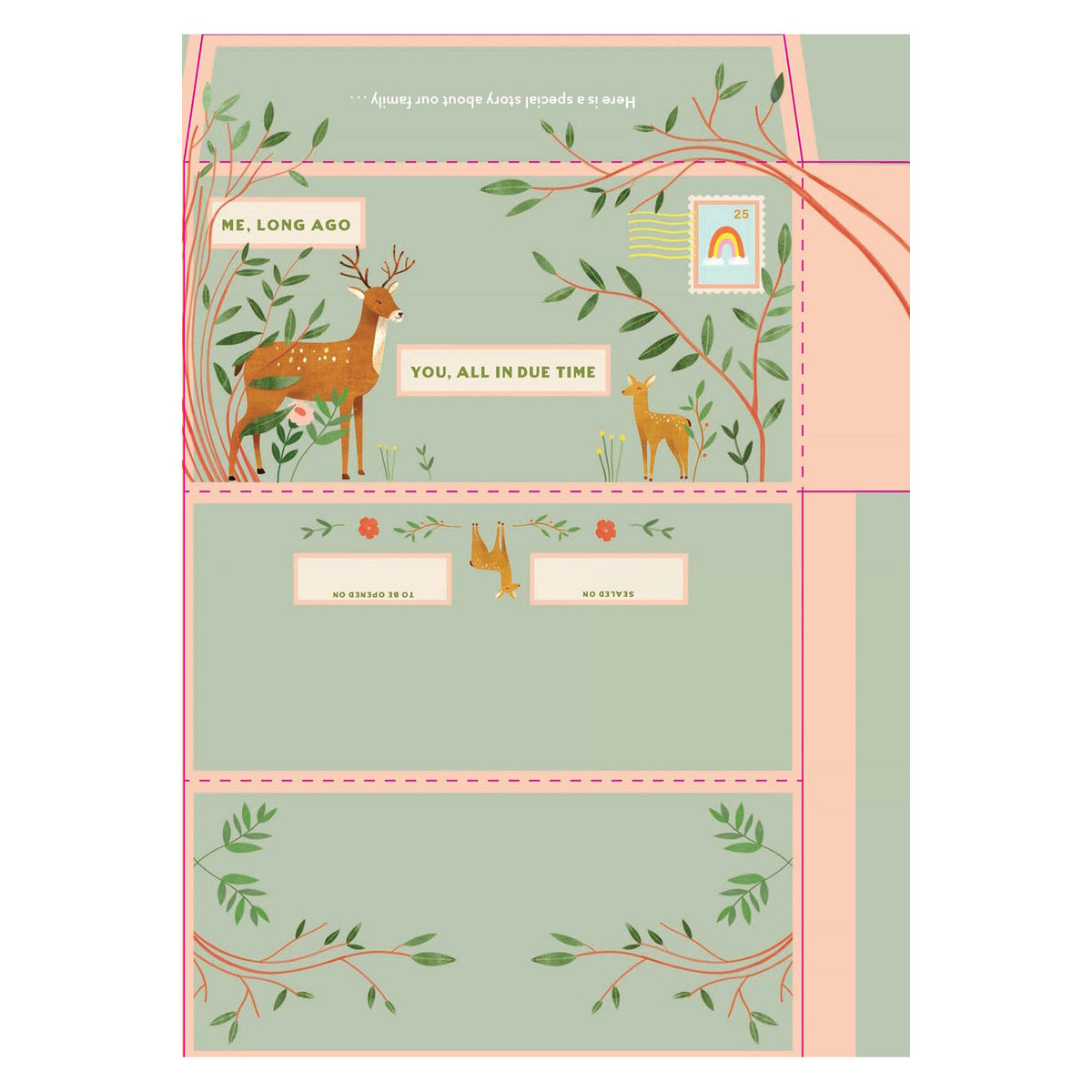 Sage green stationery with deer, fawn, and branch illustrations. Includes a rainbow stamp and "Me, Long Ago" text.