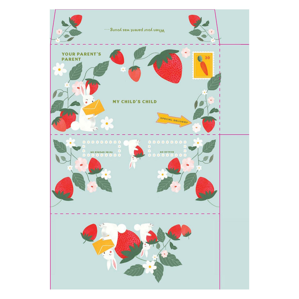 Light blue envelope template with strawberries, white bunnies, and flowers for a letter to a grandchild.