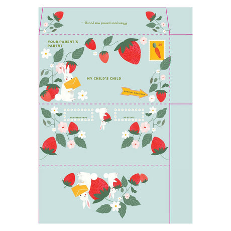 Light blue envelope template with strawberries, white bunnies, and flowers for a letter to a grandchild.