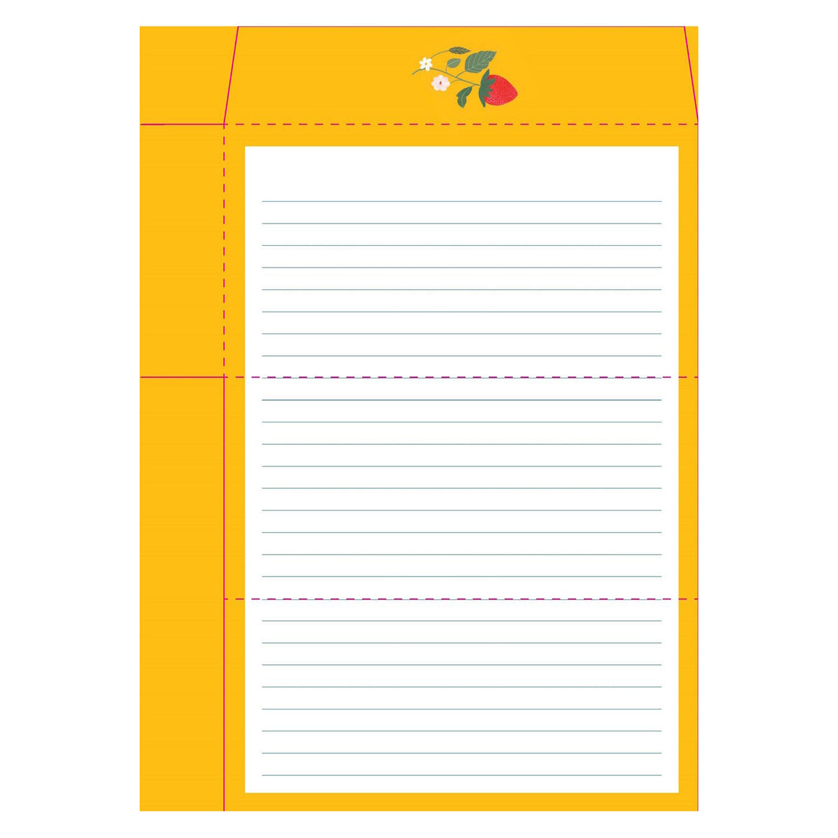Yellow stationery template with lined paper and a strawberry illustration for writing letters to a grandchild.