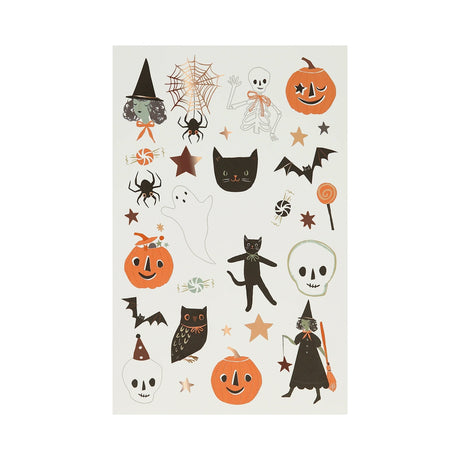 Sheet of Halloween temporary tattoos featuring witches, pumpkins, skeletons, bats, and spiders.
