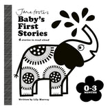 Jane Foster's Baby's First Stories book cover featuring a high-contrast black and white elephant for infants 0-3 months.