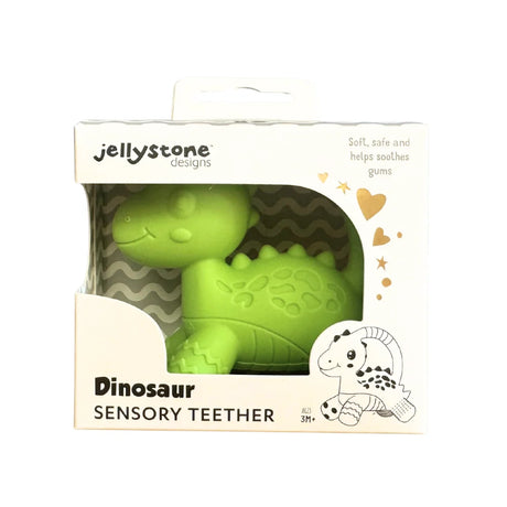 Product box for Jellystone Designs green Dinosaur Sensory Teether for ages 3M+.