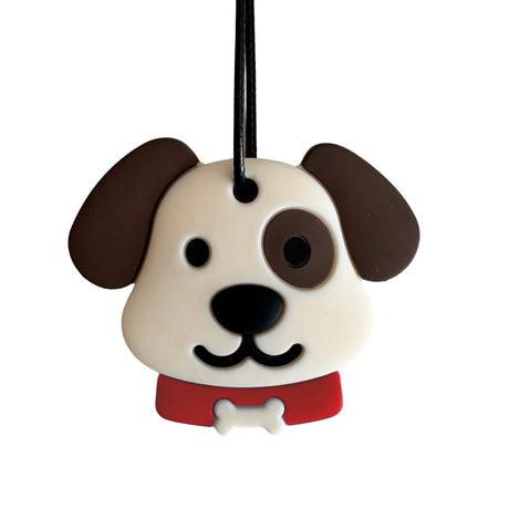 Jellystone Designs puppy chew pendant with brown ears, an eye patch, and a red collar with a bone.