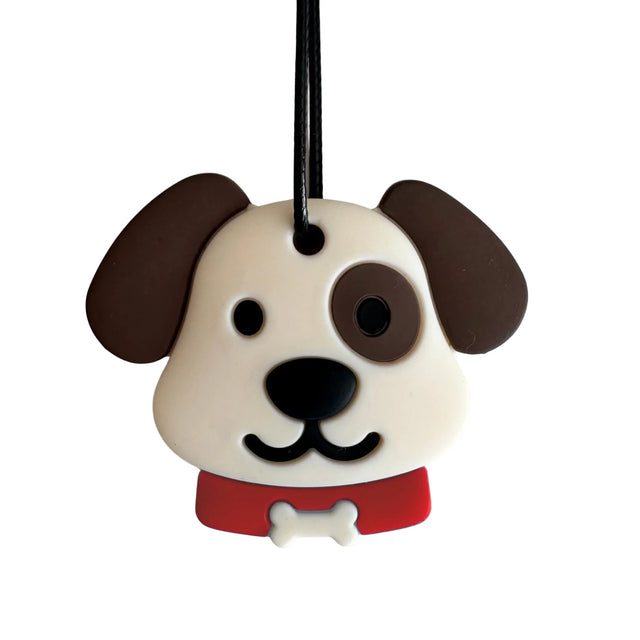 Jellystone Designs puppy chew pendant with brown ears, an eye patch, and a red collar with a bone.