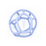 A light blue, geometric rubber ball with a hollow, web-like structure, designed for gripping and play. The background is a clean, white surface.