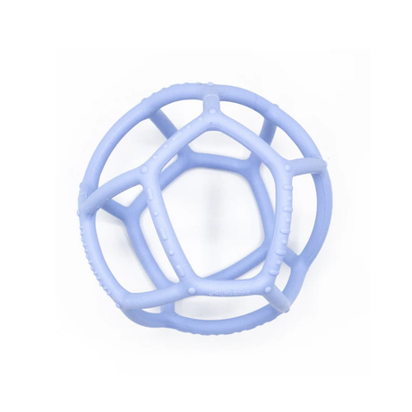A light blue, geometric rubber ball with a hollow, web-like structure, designed for gripping and play. The background is a clean, white surface.