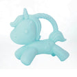 Light blue unicorn-shaped baby teether toy with textured mane and handle on a plain white background.