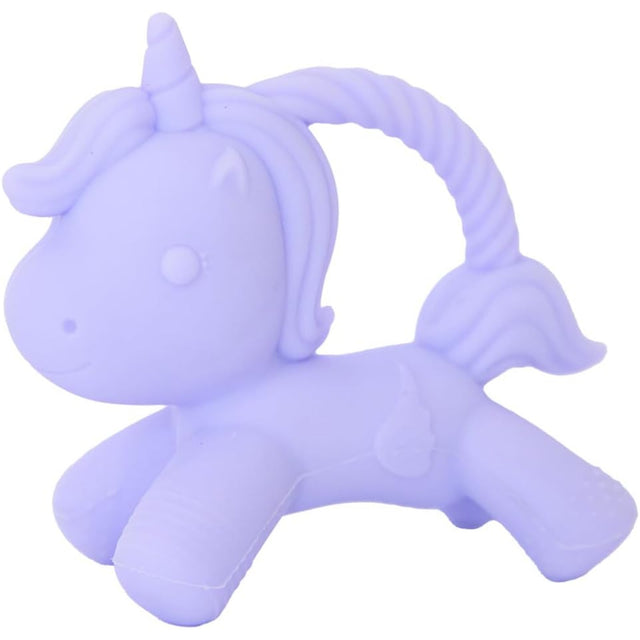 Jellystone Designs lilac silicone unicorn teether with a curved ring handle.