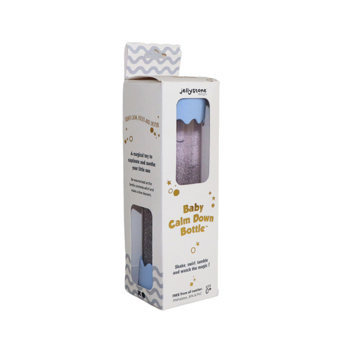 A boxed Jellystone Baby Calm Down Bottle in blue, with packaging that describes it as a magical sensory toy for focus and relaxation.