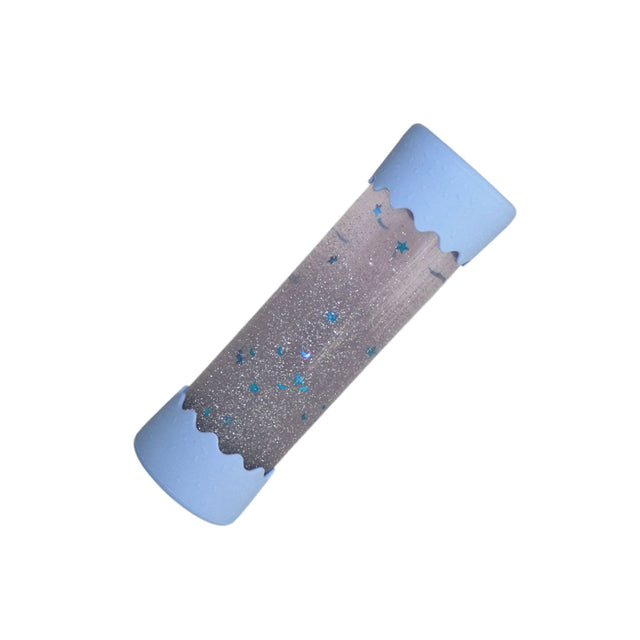 A sensory calm-down bottle with shimmering silver glitter and holographic sparkles, featuring soft pastel blue silicone ends.