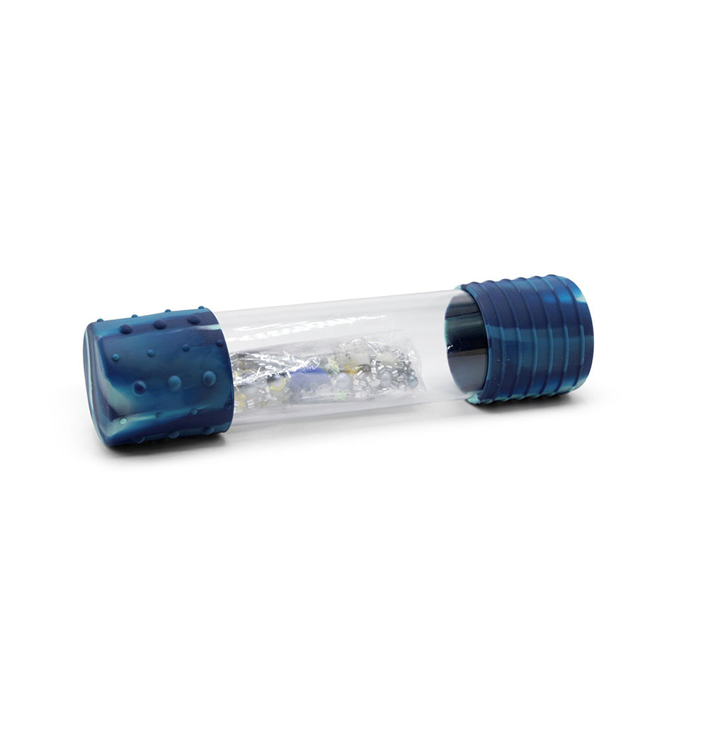 Jellystone DIY Calm Down Bottle Galaxy edition, unpackaged, showing the clear tube with blue silicone caps and an inner tube filled with glitter and sensory beads.