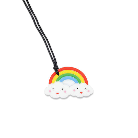 A colourful rainbow and cloud-shaped silicone pendant on a black cord, designed for sensory and teething relief.