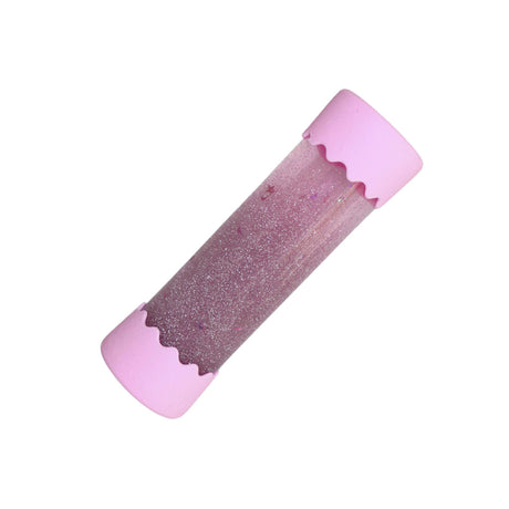 A Jellystone sensory bottle with floating pink and silver glitter, tilted slightly to showcase the calming liquid inside, with soft pink silicone caps.