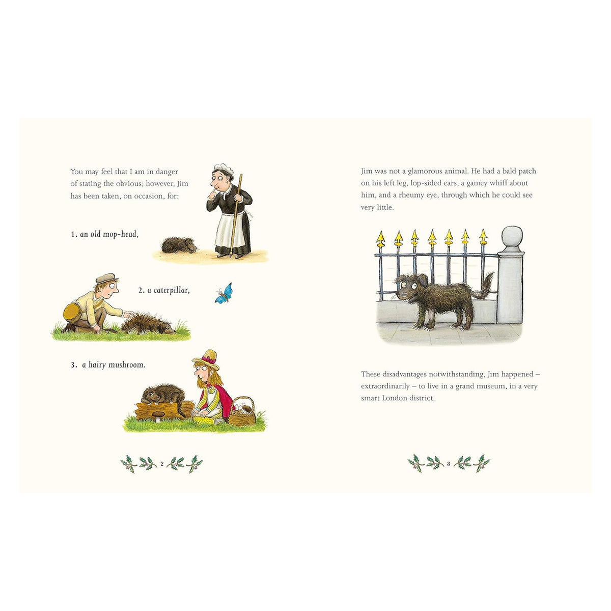Illustrations of a scruffy animal mistaken for different objects: an old mop-head, a caterpillar, and a hairy mushroom, with humorous intent.