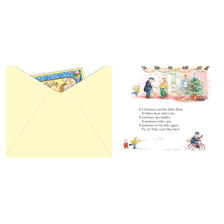 An open envelope partially reveals a festive card with bear illustrations. Beside it, a Christmas scene features bears, a decorated tree, and typed rhymes.