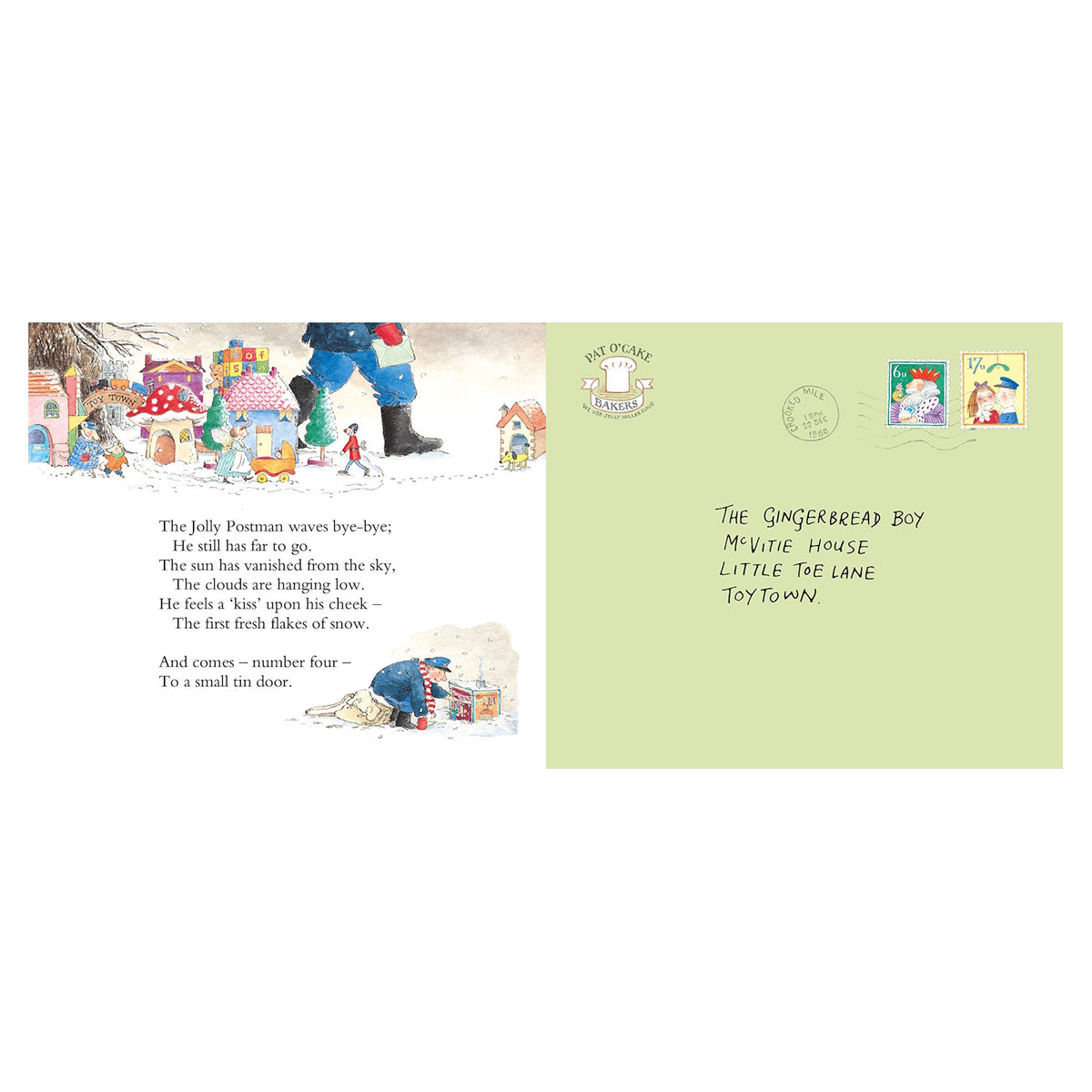 Illustration of a postman in a snowy village delivering an envelope to a tiny door. Text includes a poem and address: "The Gingerbread Boy, McVitie House, Little Toe Lane, Toytown." The scene is whimsical and festive.