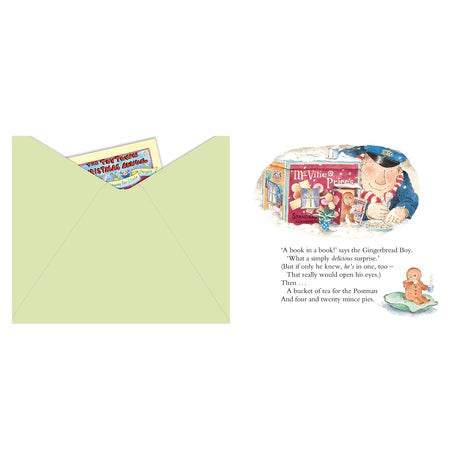 An illustrated book page shows a postman in uniform holding parcels beside a store. A gingerbread boy sits happily on the right. Text below reads a whimsical rhyme.