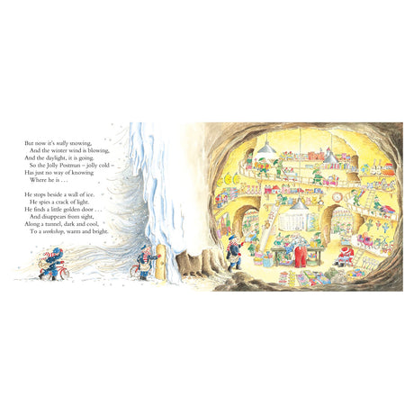 A whimsical winter scene with text on the left and an illustration on the right. A postman stands outside a cave in the snow. Inside, a warm, brightly lit workshop is bustling with elves, toys, and festive decorations. The tone is magical and inviting.