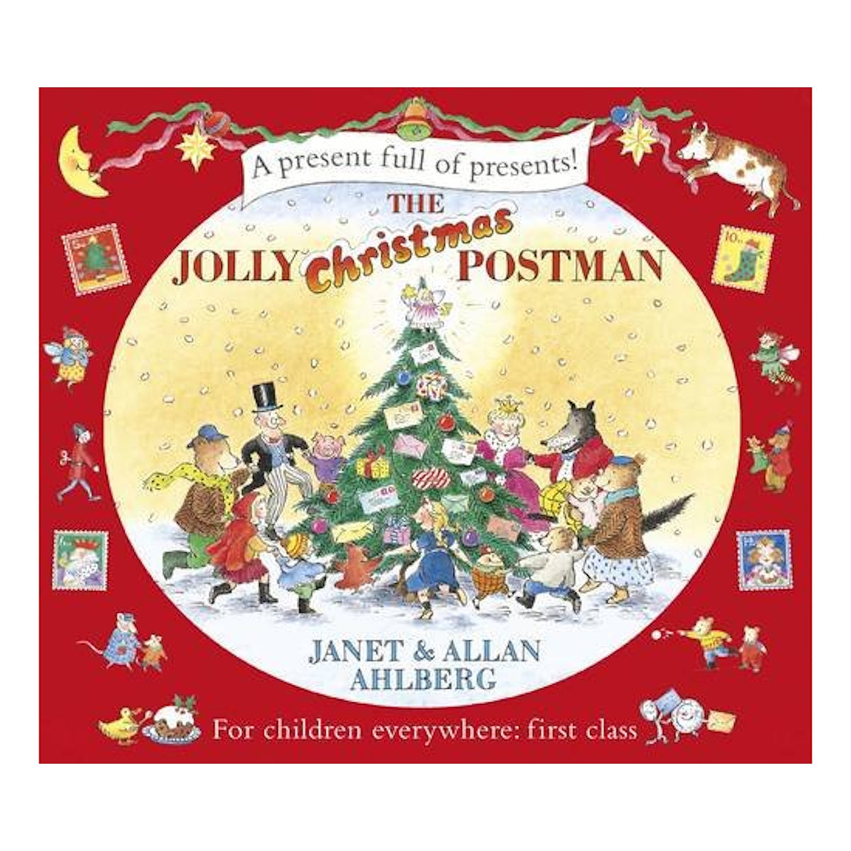 Cover of "The Jolly Christmas Postman" by Janet & Allan Ahlberg. Festive animals and people gather around a Christmas tree with gifts. Bright, joyful scene.