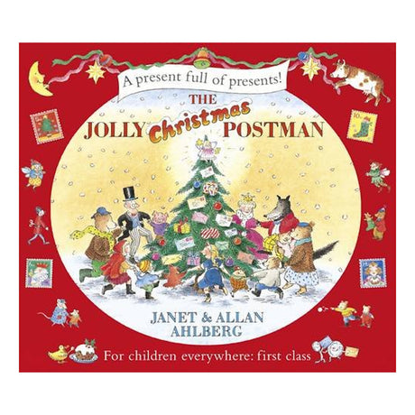 Cover of "The Jolly Christmas Postman" by Janet & Allan Ahlberg. Festive animals and people gather around a Christmas tree with gifts. Bright, joyful scene.