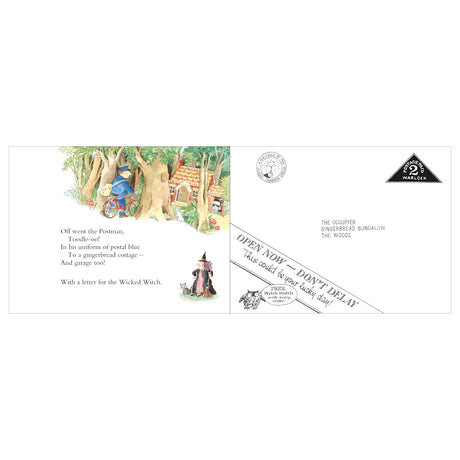 Illustration from The Jolly Postman book showing the postman on a bike and a letter addressed to the Wicked Witch.
