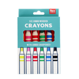 A turquoise box of six jumbo wooden crayons by Rex London with a sharpener included.