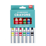 A turquoise box of six jumbo wooden crayons by Rex London with a sharpener included.