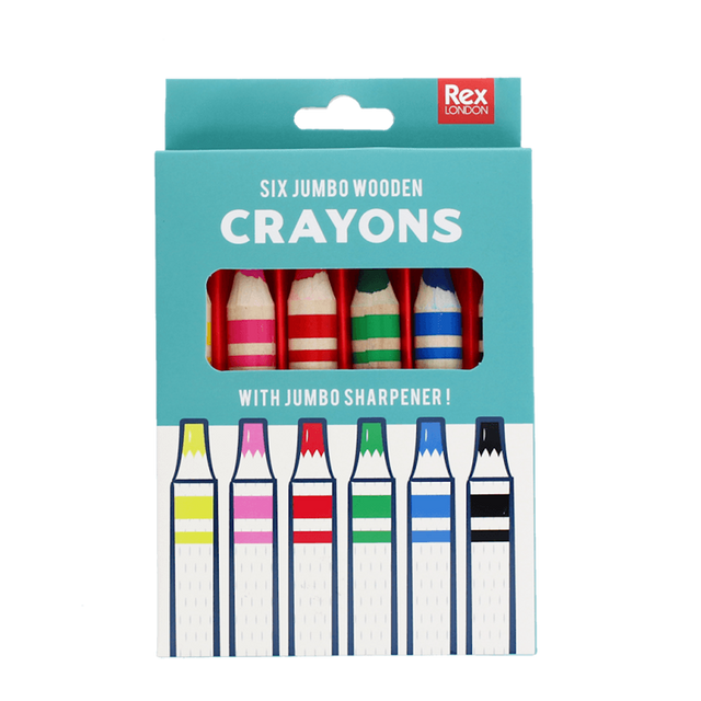 A turquoise box of six jumbo wooden crayons by Rex London with a sharpener included.