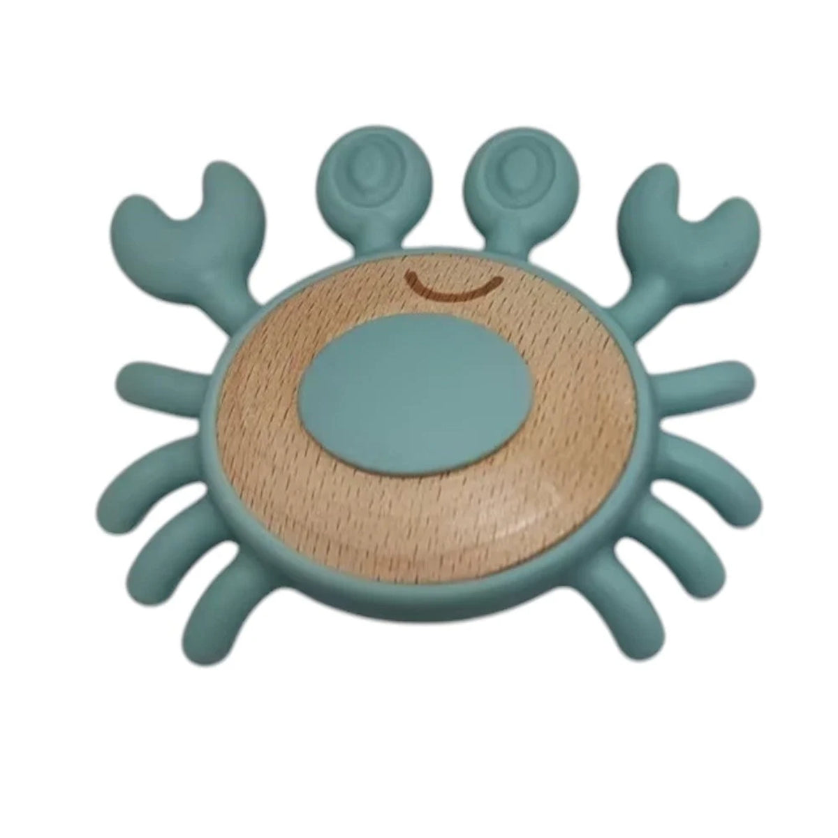 Blue silicone and wooden crab baby teether toy shown in a front view.