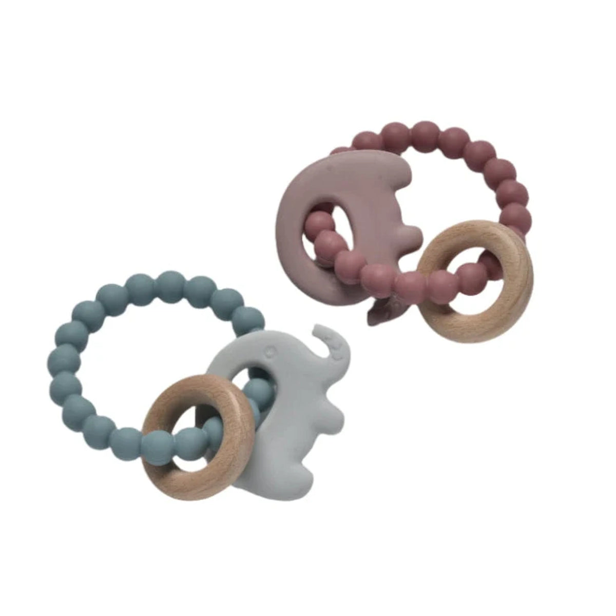 Two silicone and wooden baby elephant teether toys in blue and mauve shown at an angle.