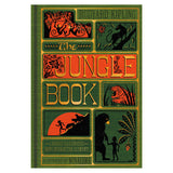 The Jungle Book cover by MinaLima featuring green and orange illustrations of Mowgli, Baloo, and Shere Khan.