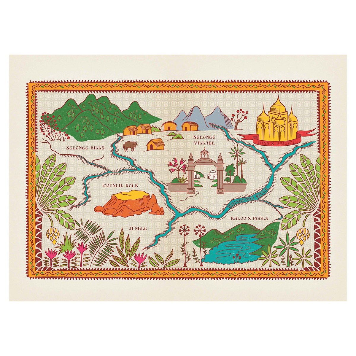 Illustrated map of The Jungle Book featuring Seeonee Village, Council Rock, and King's Palace with a decorative border.
