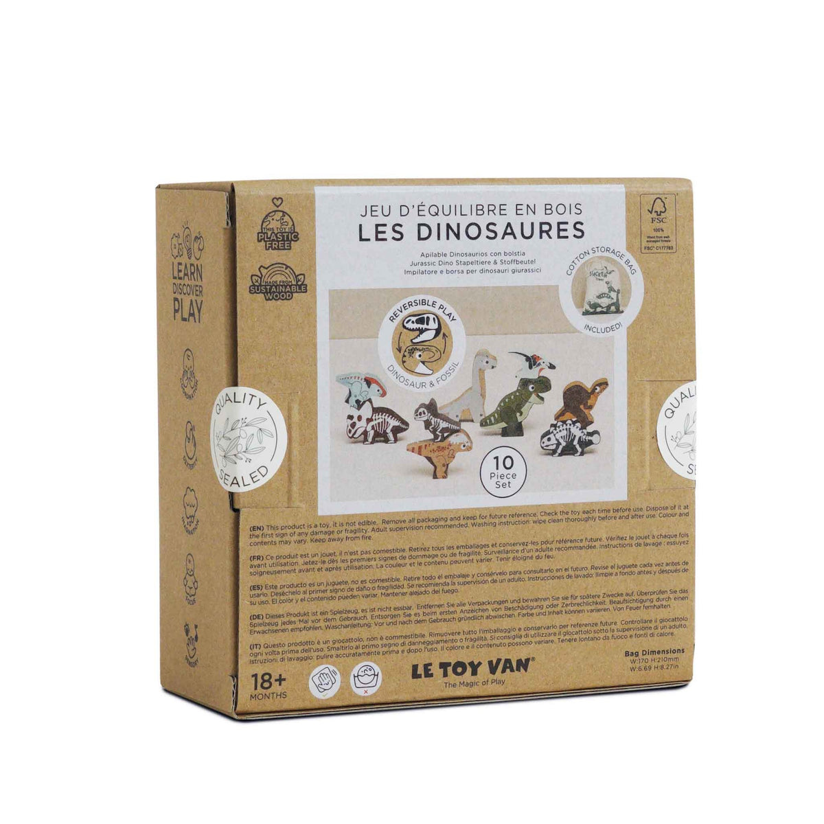 Back view of cardboard box packaging for the Le Toy Van wooden dinosaur stacking set.