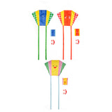 Three colorful kites with smiling faces and long tails. Each kite has a matching carrying pouch and a red handle below them. Playful and cheerful vibe.