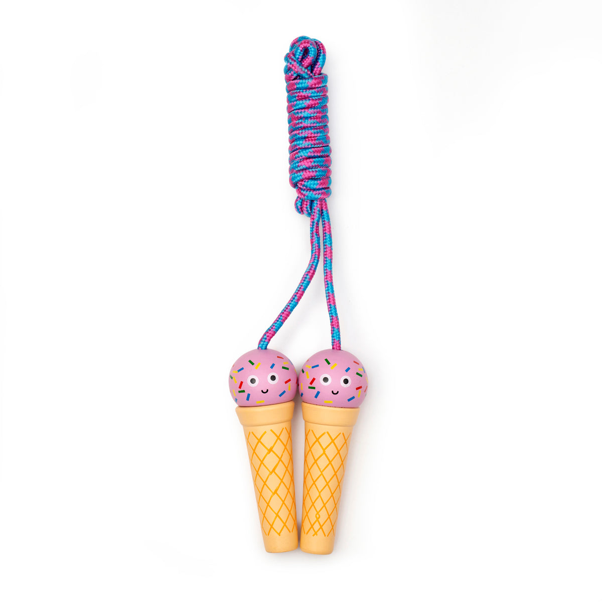 A colorful jump rope with handles shaped like ice cream cones, topped with pink scoops, sprinkles, and smiling faces. The rope is blue and pink.