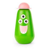 A green bottle with a cartoon face featuring three eyes and a wide, pink smile. It has a round, pink cap, resembling a playful monster design.
