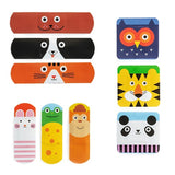 Colorful cartoon band-aids featuring cute animal faces, including a dog, owl, rabbit, frog, and panda. Bright, playful, and cheerful design.
