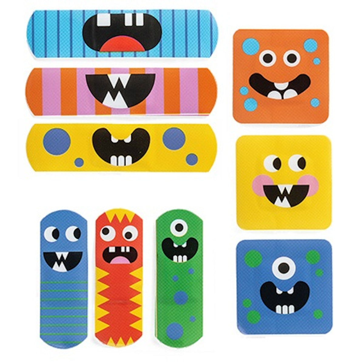 Colorful bandages featuring playful monster faces with wide eyes and toothy grins. Designs include stripes, polka dots, and vibrant hues, conveying fun.