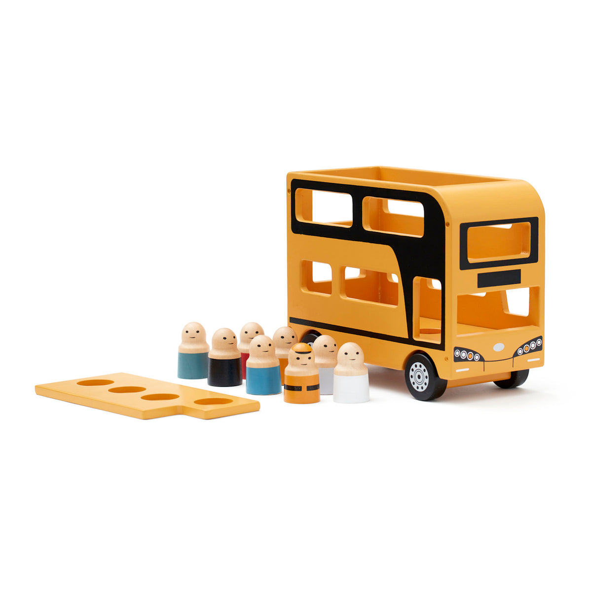 Toy set featuring a yellow double-decker bus with black accents and eight diverse peg people. The bus roof is removable, showcasing playful simplicity.