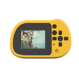Yellow handheld game console on a white background, displaying an underwater image of a child wearing swimming goggles. Playful, adventurous mood.