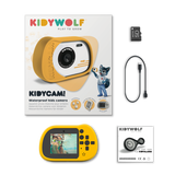 Package contents of a KIDYWOLF waterproof kids camera shown against a white background. Includes a yellow camera, Micro SD card, USB cable, and a quick start guide.