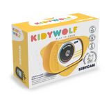 A colorful product box for the Kidywolf Kidycam, featuring a playful design. The box displays a yellow waterproof children's camera with playful text.